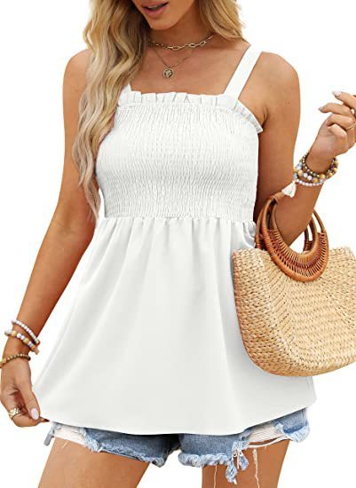 Top- Women's Summer Cami Tank Top - Sleeveless Blouse with Ruffle Details- White- Pekosa Women Clothing