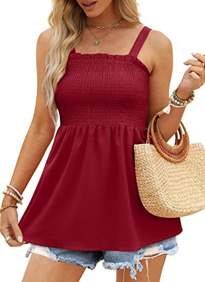 Top- Women's Summer Cami Tank Top - Sleeveless Blouse with Ruffle Details- Wine Red- Pekosa Women Clothing