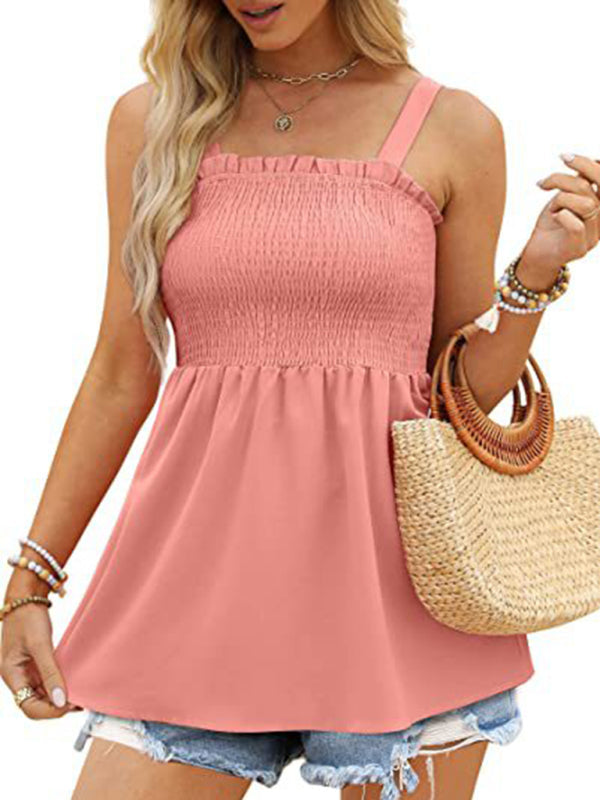 Top- Women's Summer Cami Tank Top - Sleeveless Blouse with Ruffle Details- Pink- Pekosa Women Clothing