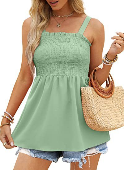 Top- Women's Summer Cami Tank Top - Sleeveless Blouse with Ruffle Details- Green- Pekosa Women Clothing