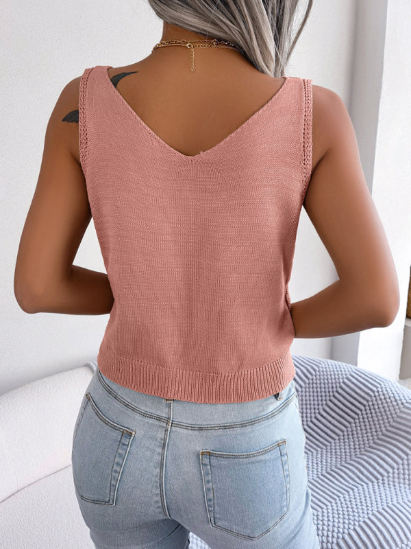 Top- Women's Vest Blouse - Scoop Neck, Cropped Length, Semi-Sheer Knit- - Pekosa Women Clothing