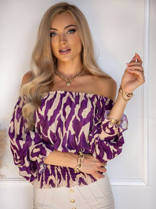 Tops- Abstract Print Off-Shoulder Half Sleeve Blouse- Purple- Pekosa Women Clothing