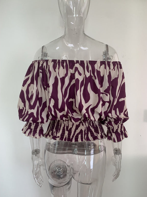 Tops- Abstract Print Off-Shoulder Half Sleeve Blouse- - Pekosa Women Clothing