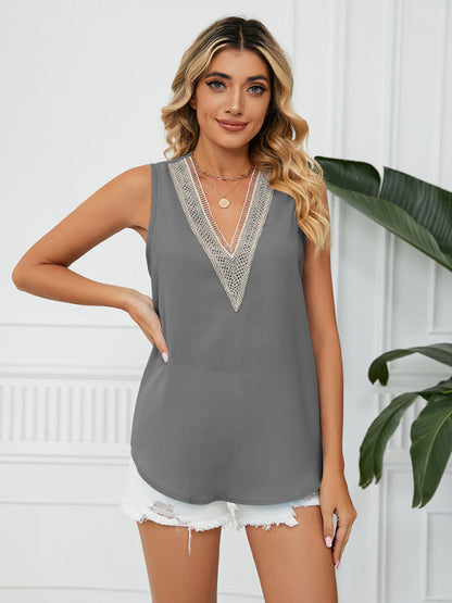 Tops- Add a Touch of Elegance to Your Look with Our Lovely Lace Trimmed Blouse- Grey- Pekosa Women Clothing