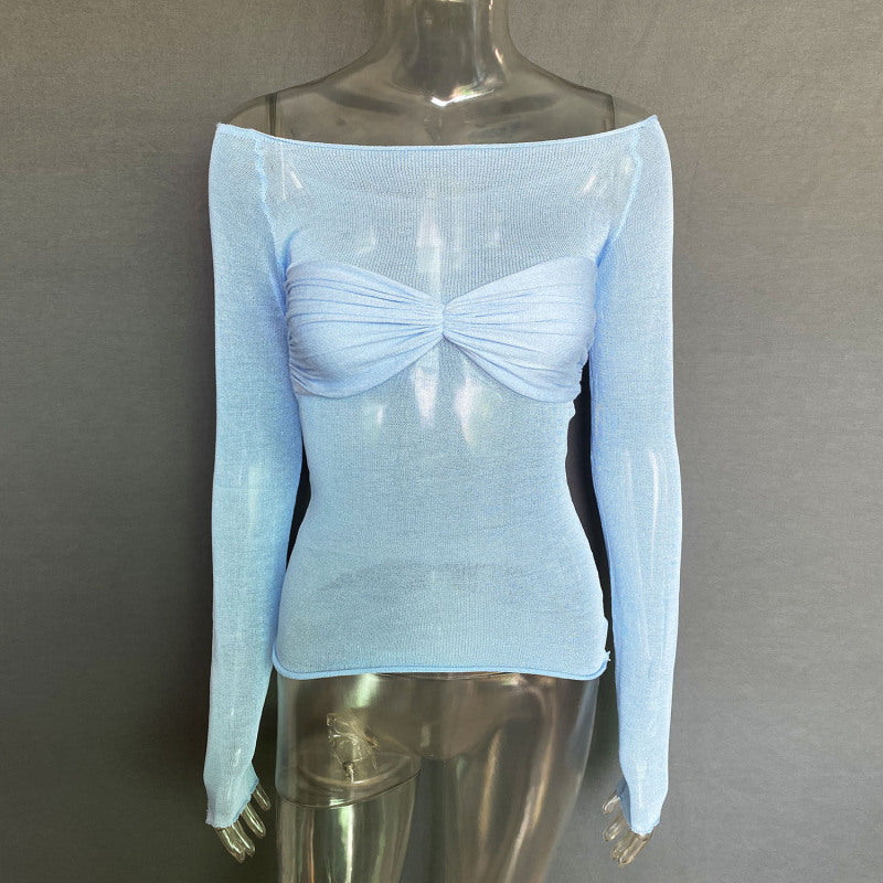 Tops- Allure in Sheer: Solid Off Shoulder Blouse with Wrap-Around Bust- Sky blue azure- Pekosa Women Clothing