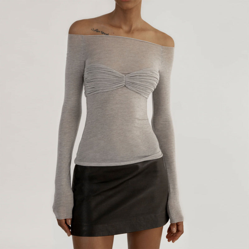 Tops- Allure in Sheer: Solid Off Shoulder Blouse with Wrap-Around Bust- Grey- Pekosa Women Clothing