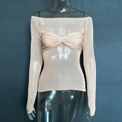 Tops- Allure in Sheer: Solid Off Shoulder Blouse with Wrap-Around Bust- Pastel pink- Pekosa Women Clothing