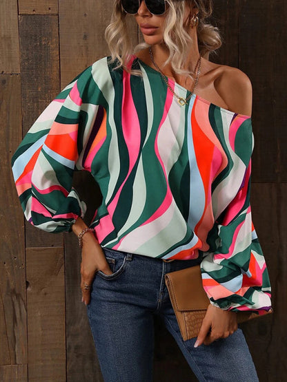 Tops- Asymmetrical Elegance: Balloon Sleeve Blouse of the Season! - High-Contrast Colorblock Top with Billowing Bishop Sleeves- Rose- Pekosa Women Clothing