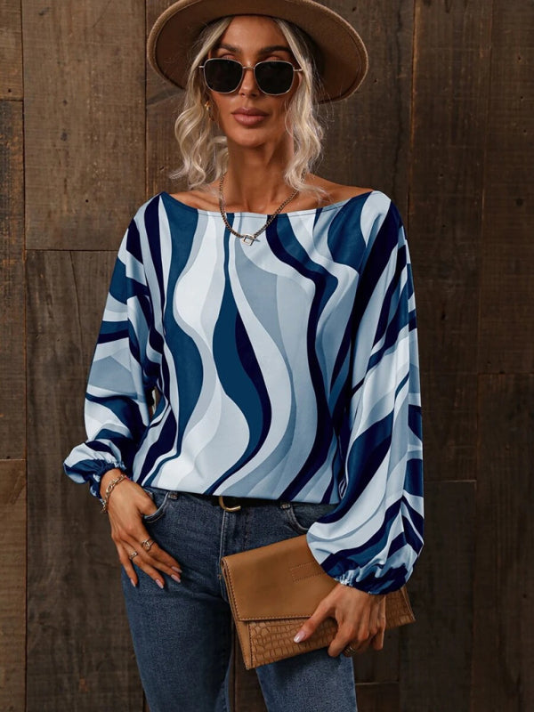 Tops- Asymmetrical Elegance: Balloon Sleeve Blouse of the Season! - High-Contrast Colorblock Top with Billowing Bishop Sleeves- - Pekosa Women Clothing