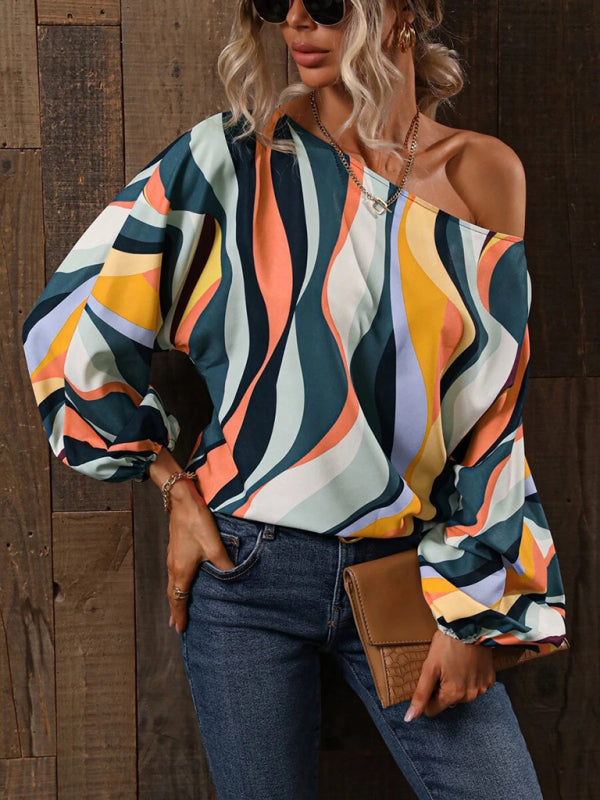 Tops- Asymmetrical Elegance: Balloon Sleeve Blouse of the Season! - High-Contrast Colorblock Top with Billowing Bishop Sleeves- - Pekosa Women Clothing