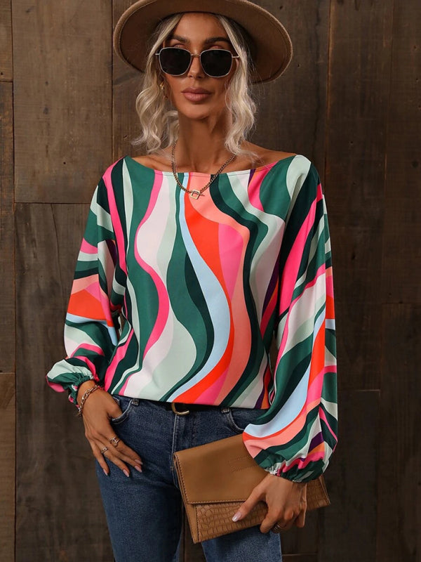 Tops- Asymmetrical Elegance: Balloon Sleeve Blouse of the Season! - High-Contrast Colorblock Top with Billowing Bishop Sleeves- - Pekosa Women Clothing