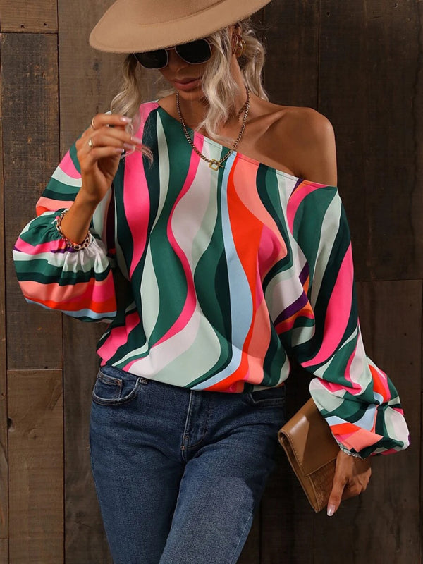 Tops- Asymmetrical Elegance: Balloon Sleeve Blouse of the Season! - High-Contrast Colorblock Top with Billowing Bishop Sleeves- - Pekosa Women Clothing