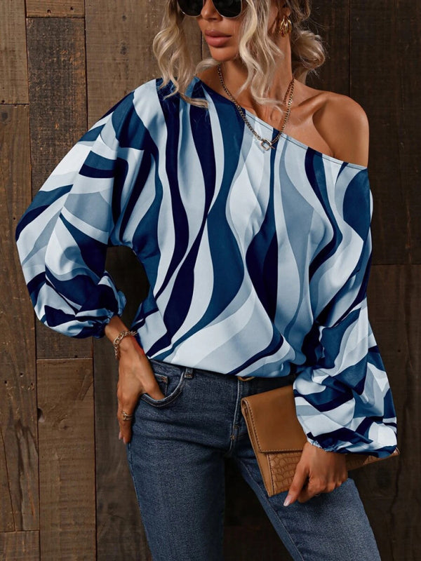 Tops- Asymmetrical Elegance: Balloon Sleeve Blouse of the Season! - High-Contrast Colorblock Top with Billowing Bishop Sleeves- - Pekosa Women Clothing