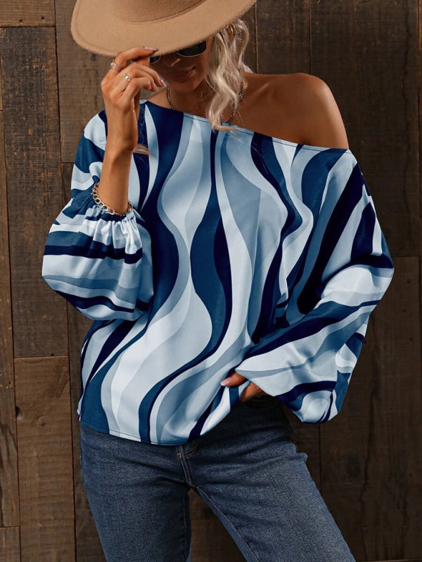 Tops- Asymmetrical Elegance: Balloon Sleeve Blouse of the Season! - High-Contrast Colorblock Top with Billowing Bishop Sleeves- Blue- Pekosa Women Clothing