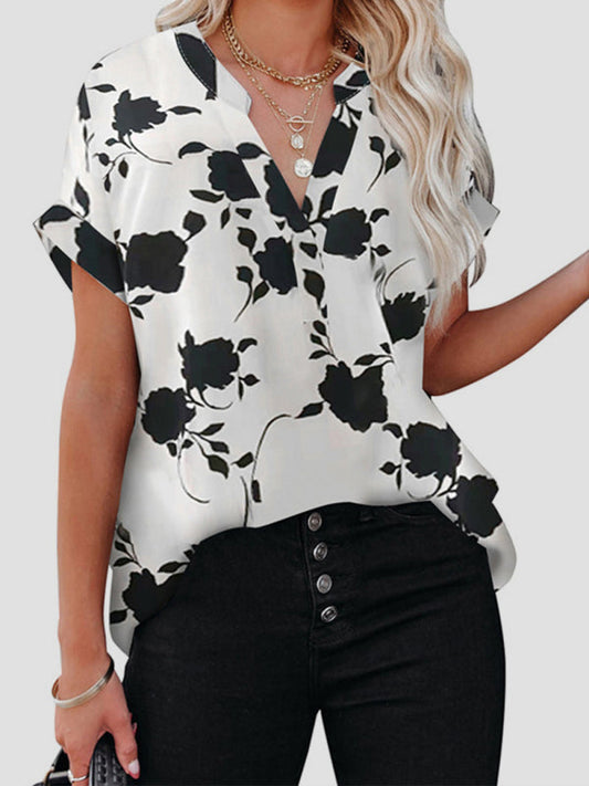 Tops- Black Floral V-Neck Oversize Blouse- White- Pekosa Women Clothing