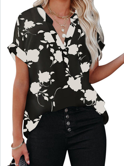 Tops- Black Floral V-Neck Oversize Blouse- Black- Pekosa Women Clothing