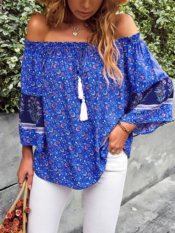 Tops- Bohemian Off-Shoulder Blouse with Drawstring and Balloon Sleeves- Blue- Pekosa Women Clothing