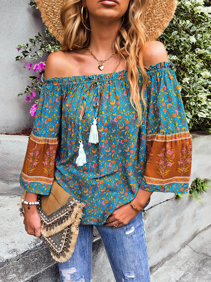 Tops- Bohemian Off-Shoulder Blouse with Drawstring and Balloon Sleeves- - Pekosa Women Clothing