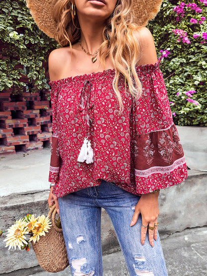 Tops- Bohemian Off-Shoulder Blouse with Drawstring and Balloon Sleeves- - Pekosa Women Clothing