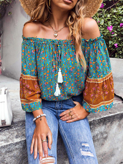 Tops- Bohemian Off-Shoulder Blouse with Drawstring and Balloon Sleeves- - Pekosa Women Clothing