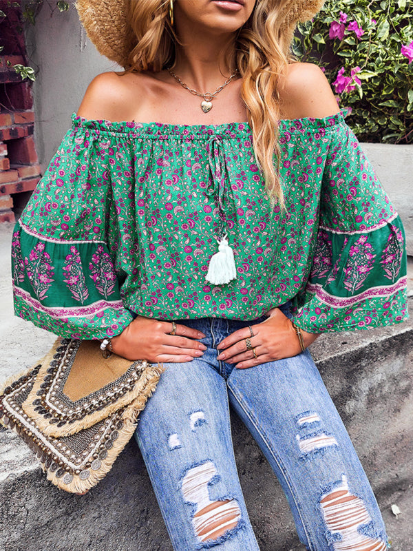 Tops- Bohemian Off-Shoulder Blouse with Drawstring and Balloon Sleeves- - Pekosa Women Clothing