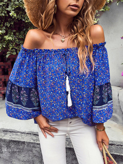 Tops- Bohemian Off-Shoulder Blouse with Drawstring and Balloon Sleeves- - Pekosa Women Clothing