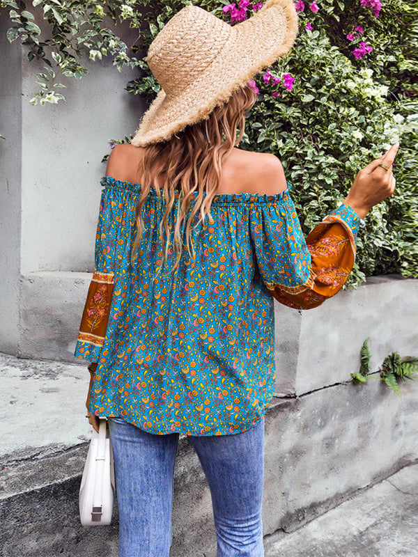 Tops- Bohemian Off-Shoulder Blouse with Drawstring and Balloon Sleeves- - Pekosa Women Clothing