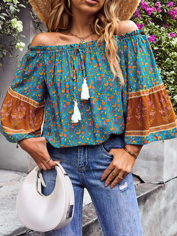 Tops- Bohemian Off-Shoulder Blouse with Drawstring and Balloon Sleeves- - Pekosa Women Clothing