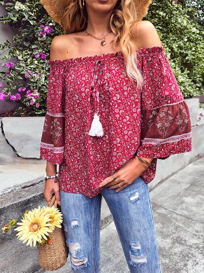 Tops- Bohemian Off-Shoulder Blouse with Drawstring and Balloon Sleeves- Red- Pekosa Women Clothing