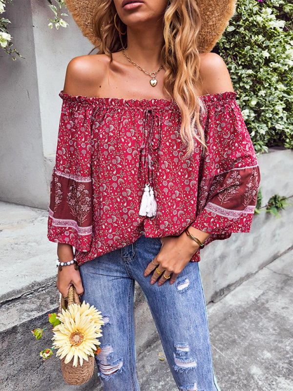 Tops- Bohemian Off-Shoulder Blouse with Drawstring and Balloon Sleeves- - Pekosa Women Clothing