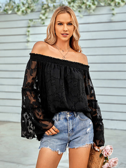 Tops- Boho Women's Jacquard Floral Long Sleeves Off Shoulder Blouse- Black- Pekosa Women Clothing