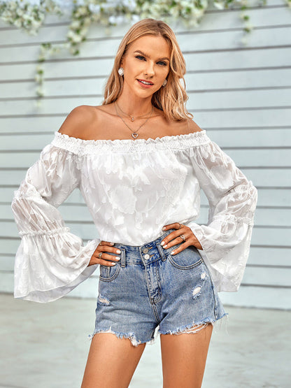 Tops- Boho Women's Jacquard Floral Long Sleeves Off Shoulder Blouse- - Pekosa Women Clothing