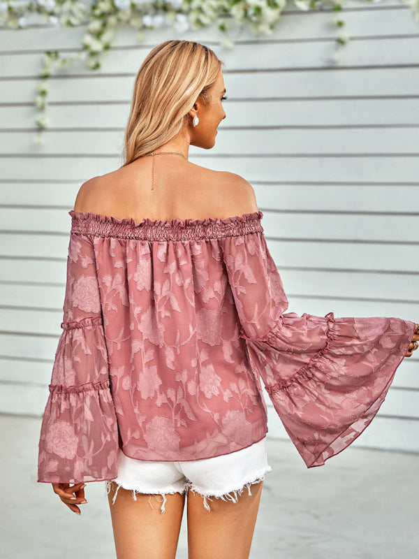 Tops- Boho Women's Jacquard Floral Long Sleeves Off Shoulder Blouse- - Pekosa Women Clothing