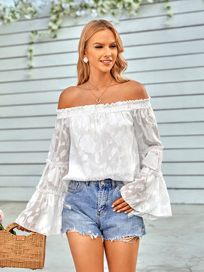 Tops- Boho Women's Jacquard Floral Long Sleeves Off Shoulder Blouse- - Pekosa Women Clothing