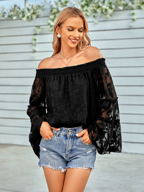 Tops- Boho Women's Jacquard Floral Long Sleeves Off Shoulder Blouse- - Pekosa Women Clothing