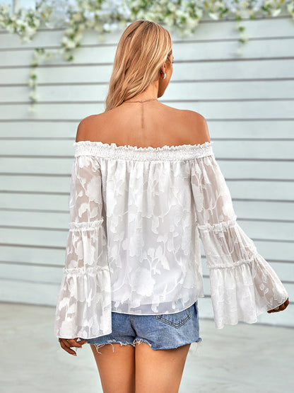 Tops- Boho Women's Jacquard Floral Long Sleeves Off Shoulder Blouse- - Pekosa Women Clothing