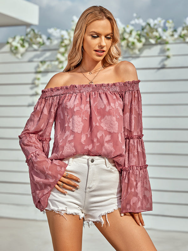 Tops- Boho Women's Jacquard Floral Long Sleeves Off Shoulder Blouse- - Pekosa Women Clothing