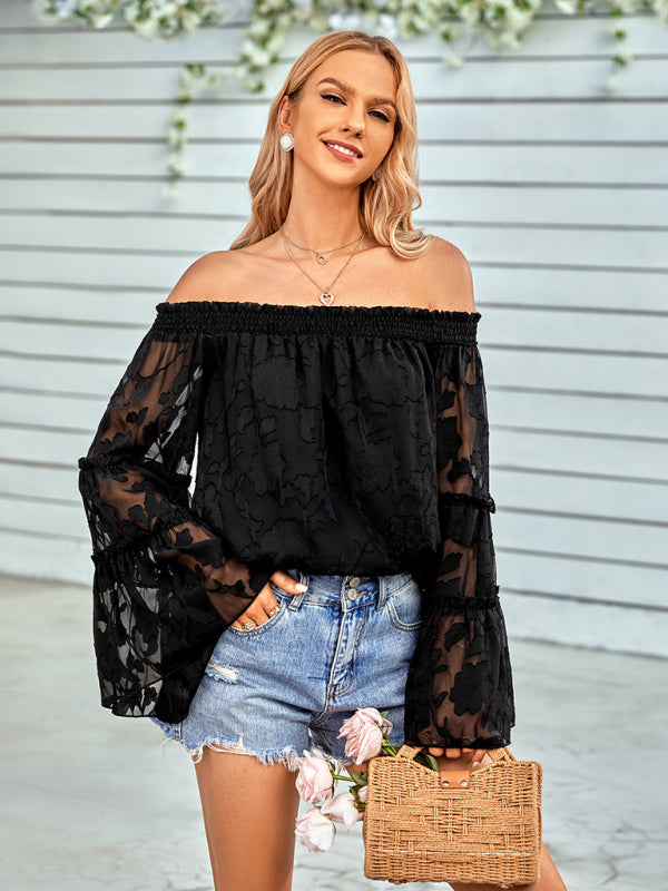 Tops- Boho Women's Jacquard Floral Long Sleeves Off Shoulder Blouse- - Pekosa Women Clothing