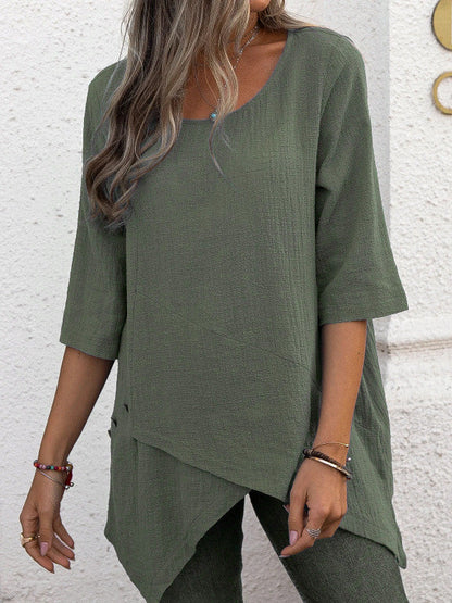 Tops- Casual Cotton Linen Half Sleeve Top with Irregular Hem - Blouse- Green- Pekosa Women Clothing