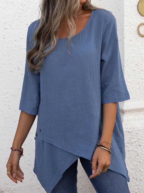 Tops- Casual Cotton Linen Half Sleeve Top with Irregular Hem - Blouse- Blue- Pekosa Women Clothing