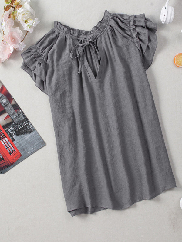 Tops- Casual Tie-Neck Blouse for Women - Top- - Pekosa Women Clothing