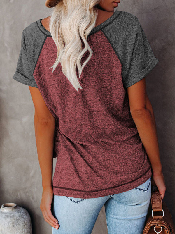 Tops- Color-Block Tee with Short Sleeves - Casual Style T-shirt- - Pekosa Women Clothing