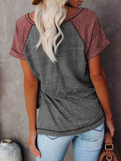 Tops- Color-Block Tee with Short Sleeves - Casual Style T-shirt- - Pekosa Women Clothing