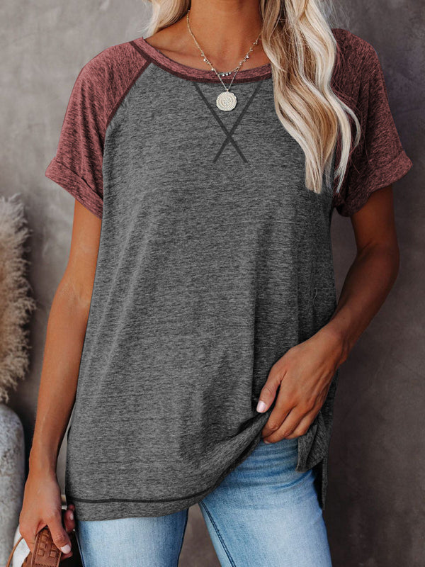 Tops- Color-Block Tee with Short Sleeves - Casual Style T-shirt- - Pekosa Women Clothing