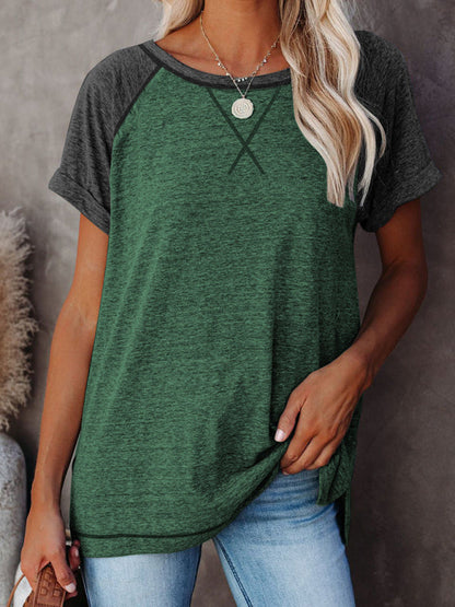 Tops- Color-Block Tee with Short Sleeves - Casual Style T-shirt- - Pekosa Women Clothing