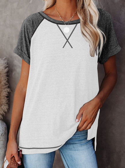 Tops- Color-Block Tee with Short Sleeves - Casual Style T-shirt- White- Pekosa Women Clothing