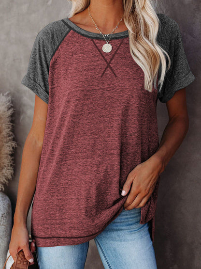 Tops- Color-Block Tee with Short Sleeves - Casual Style T-shirt- Wine Red- Pekosa Women Clothing