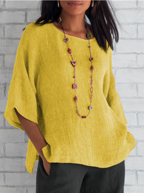 Tops- Cotton Linen Shirt - Vacay Top- Yellow- Pekosa Women Clothing