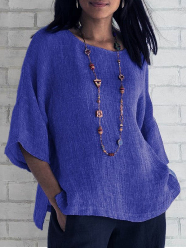 Tops- Cotton Linen Shirt - Vacay Top- Blue- Pekosa Women Clothing