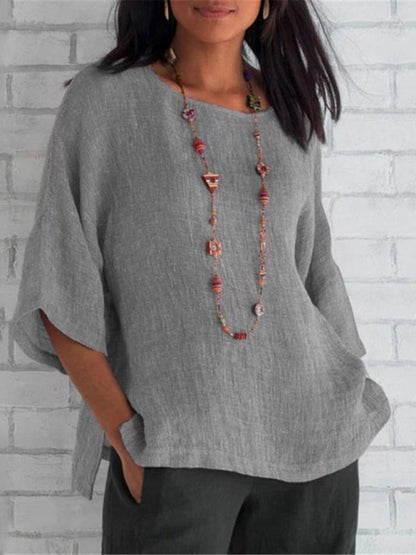 Tops- Cotton Linen Shirt - Vacay Top- Grey- Pekosa Women Clothing